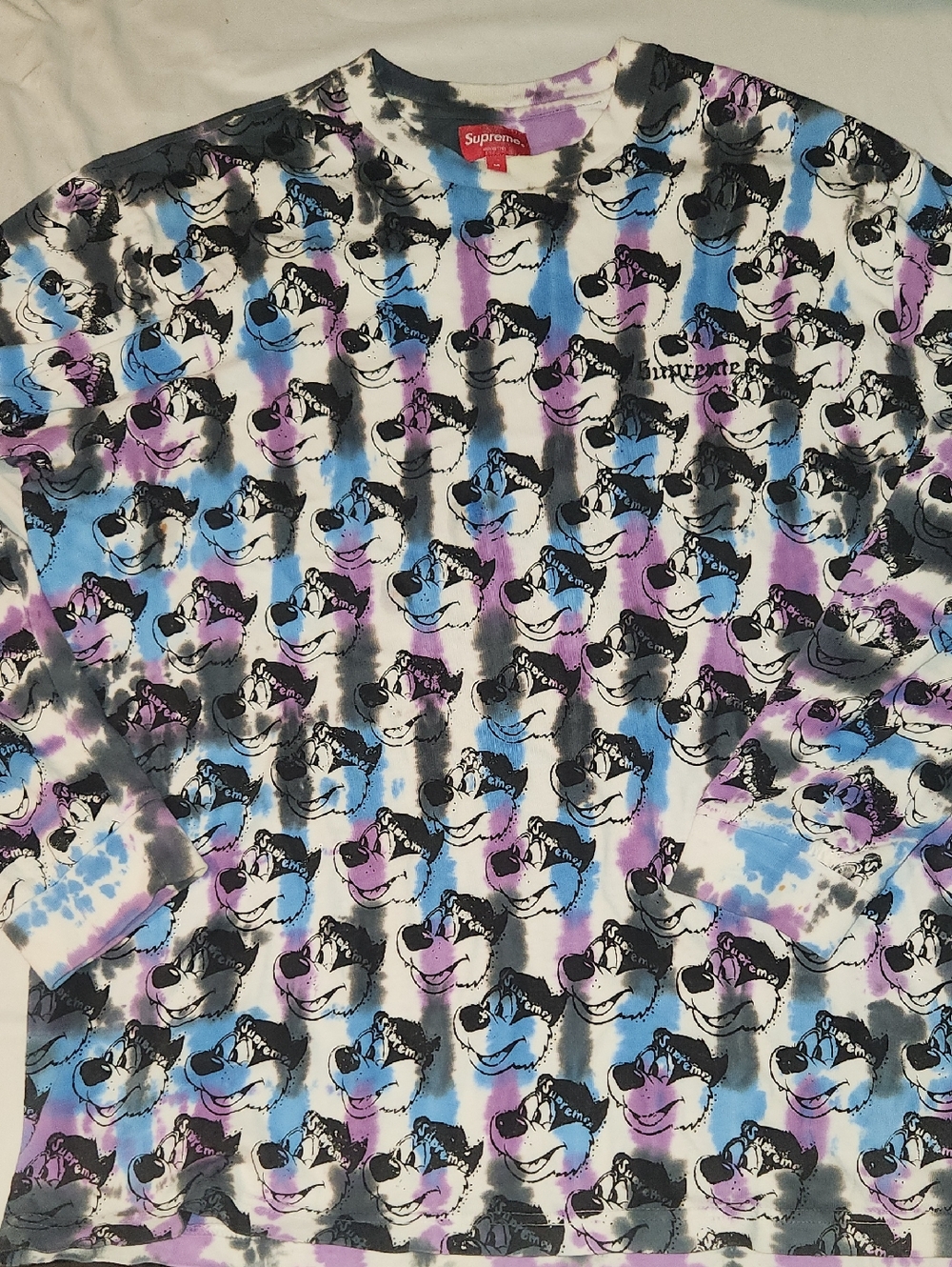 SS21 Supreme Tie-Dye Cartoon Bear Long Sleeve — Blue, Purple & Black